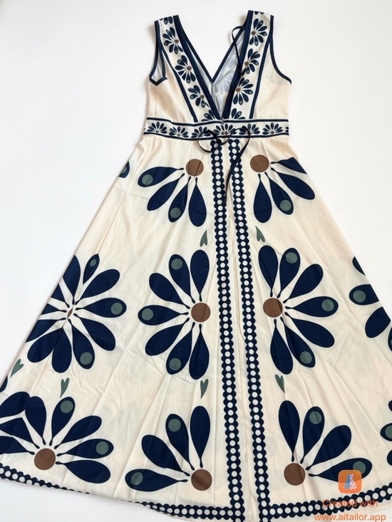 None Dresses & Skirts - Cream Dress with Navy Floral Motif
